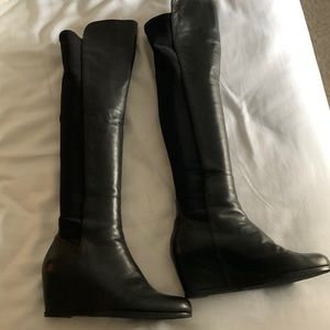 Stuart weitzman black leather wedge heel to the knee boot .
